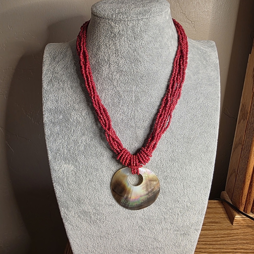 Vintage Mother-of-Pearl Donut Pendant Multi-Strand Red Seed Bead Necklace